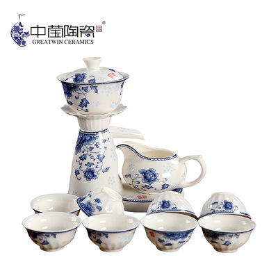 新款春茶茶器青花瓷商务礼品茶具 牡丹国韵半自动茶具CJ-065D 图片_高清大图 